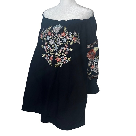 Free People Black Embroidered Off Shoulder Boho Mini Dress Tunic M - Picture 3 of 8